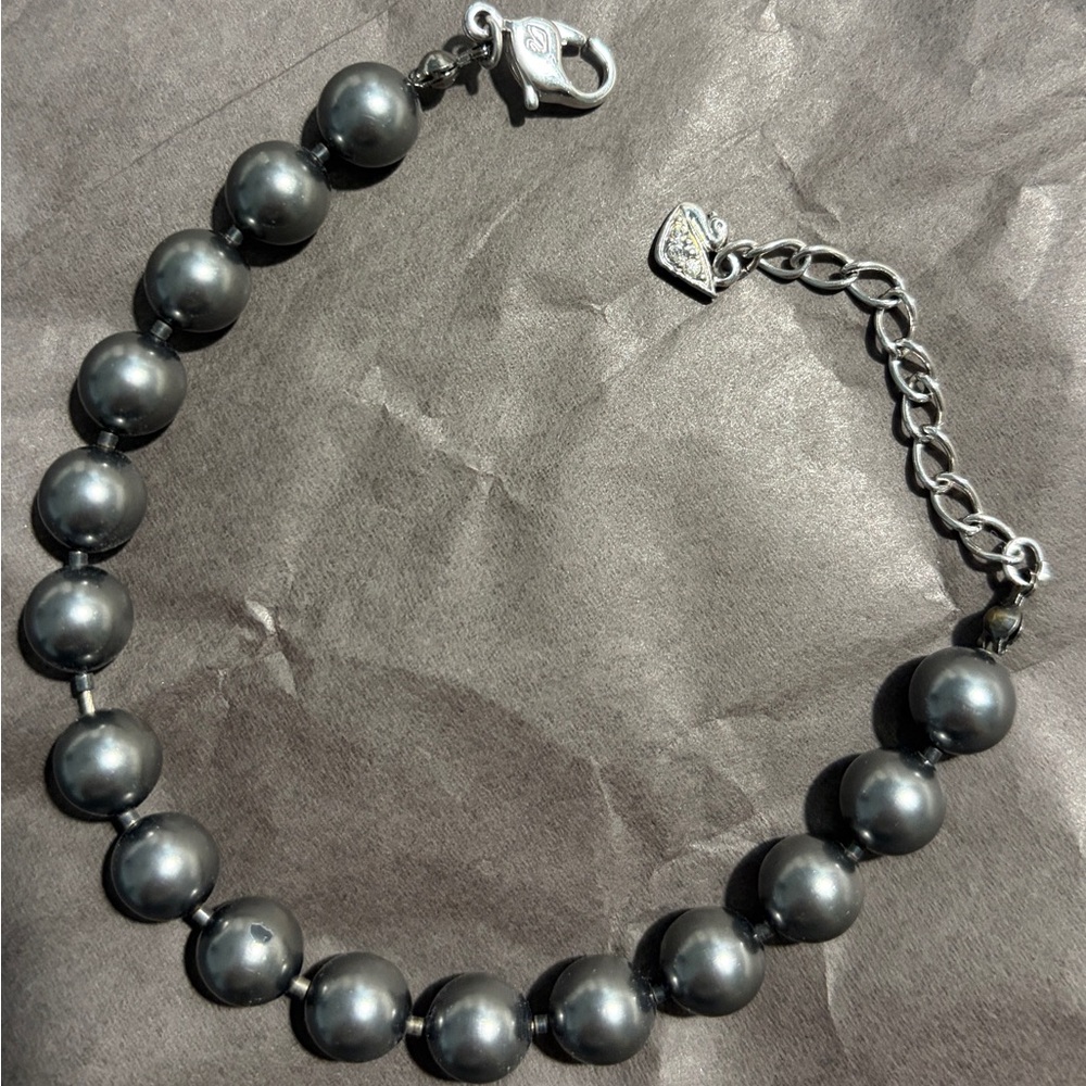 Authentic Swarovski Anthracite Gray Pearl Bracelet with Signature Swan Charm